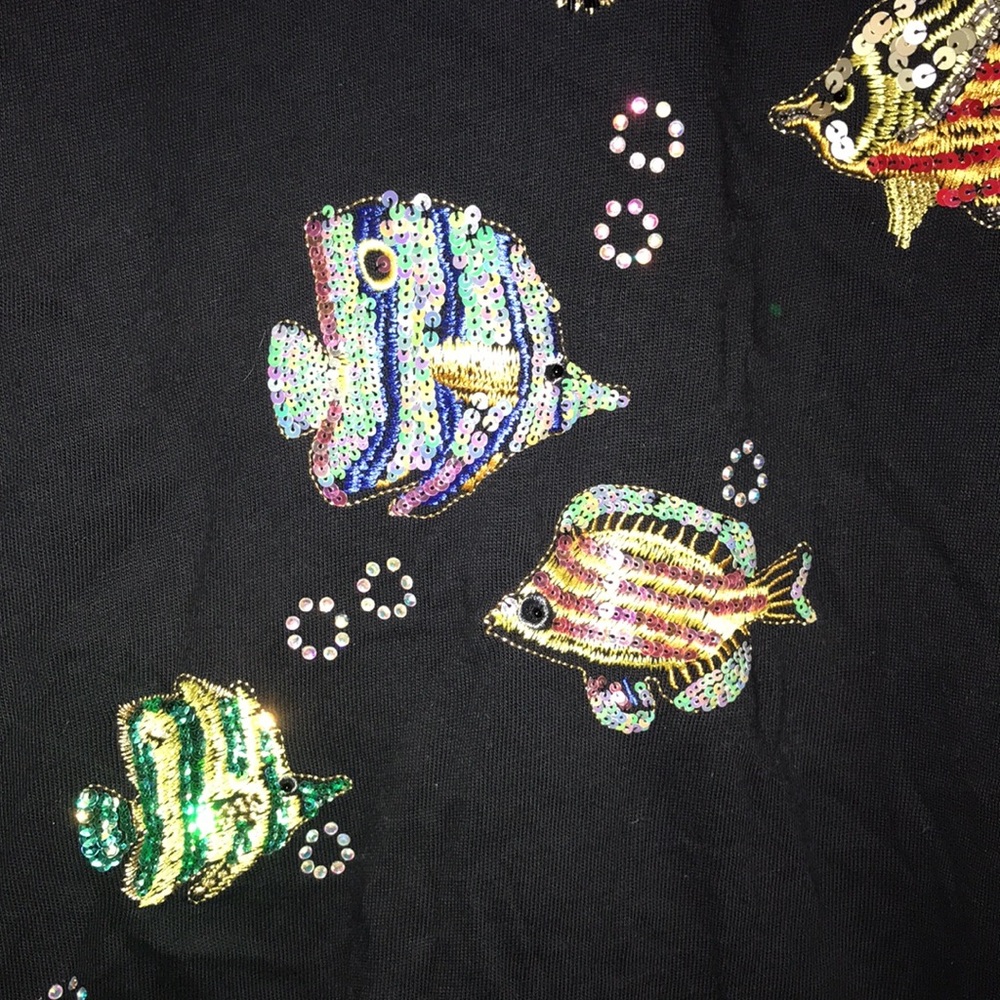 Vintage Quacker Factory Black Hand Beaded Tropical Fish Elbow Sleeve Blouse - Picture 9 of 16